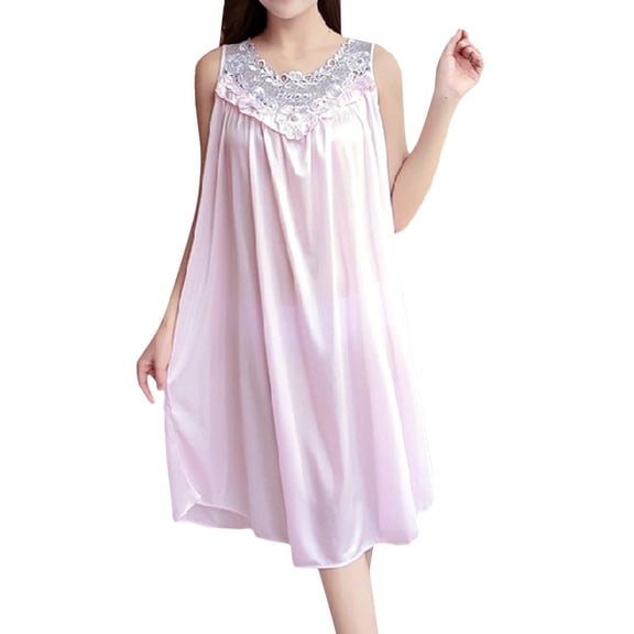 VNKIDY Womens Solid Color Satin Sleeveless Nightgown V Neck Loose Fit Sleep Dress With Lace Ruffle Trim For Comfortable Loungewear PK2 One Size