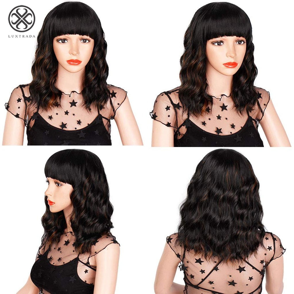 Luxtrada Wavy Bob Wigs with Bangs for Women Black Mixed Brown Color Short Wavy Bob Curly Wig Synthetic Natural Looking Heat Resistant Fiber Hair for Black Women