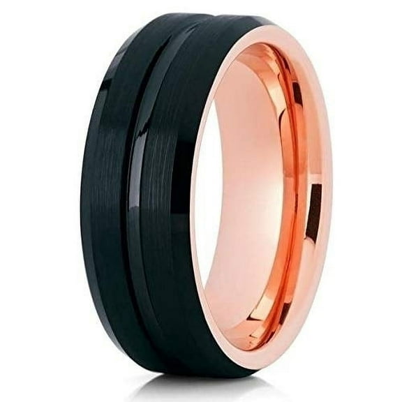 Silly Kings Jewelry Black Tungsten Wedding Band- 8mm - Rose Gold Tungsten Ring (12.5)