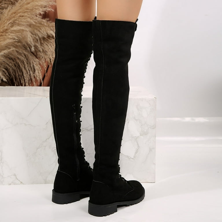 Winter Boots for Women Fashion Autumn Winter Over Knee Lace Up Boots Flat Low Heel Solid Color Suede Boots Knee High Boots Size 7 Walmart
