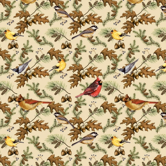 Birds Songbirds Oak Leaves Acorns Pinecones Autumn Fall Premium Roll Gift Wrap Wrapping Paper