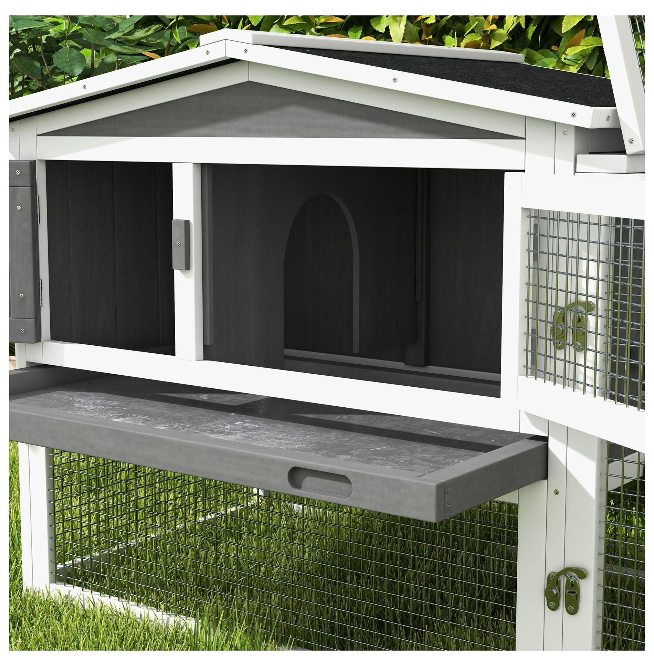 Rabbit Cage Outdoor, 2 Levels Bunny Hutch Outdoor Rabbit Pen w Slide Out Tray Detachable Run Small Animal House Light Grey