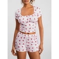 thumbnail image 3 of Biezeib Women Pajama Set, Strawberry Print Short Sleeve Square Neck T-shirt with Shorts Sleepwear Loungewear, 3 of 6