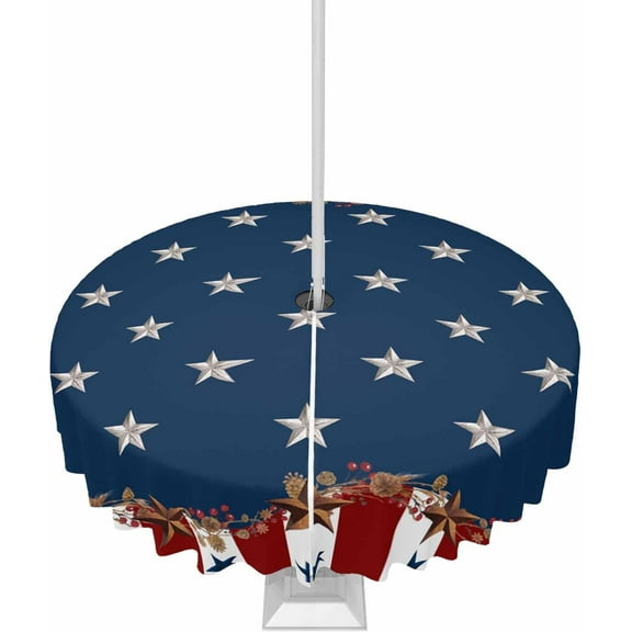 4th of July Tablecloth with Umbrella Hole and Zipper Patriotic Stars Stripes Round Outdoor Tablecloths 60 Inch Outside Table Cloths Rustic Red Blue Patio Table Cloth Cover for Independence Day Garden