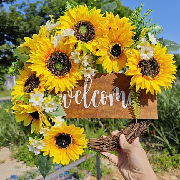 Corona de Girasol de Imitación, Decoración de Puerta de Bienvenida, Flores de Imitación, Flores Falsas, Puerta de Entrada de Ratán, Decoración Del Hogar, Colgante de Pared