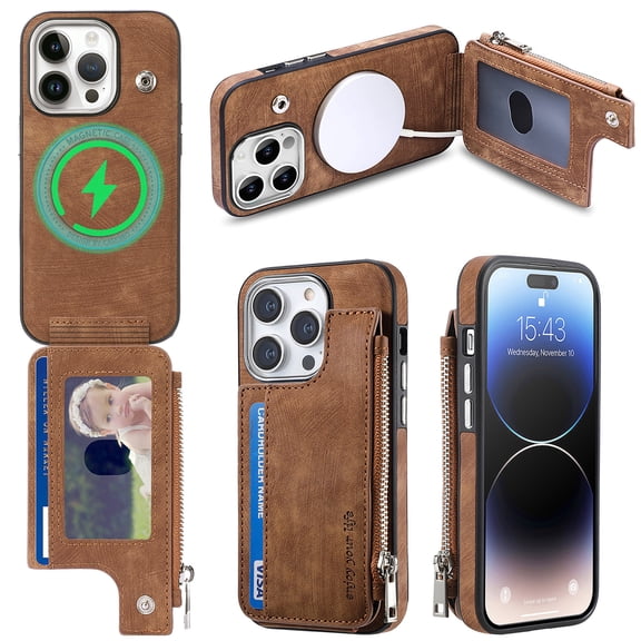 Cover for iPhone 14 Pro, Multi-function Wallet Phone Case,Shockproof Magnetic MagSafe Zipper Wallet Flip Leather Card Slots Holder Case,Compatible with MagSafe , brown