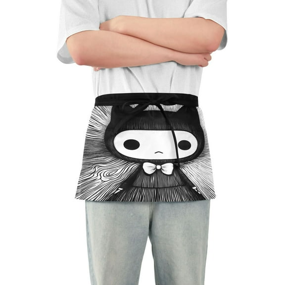 Server Apron with 3 Pockets Waterproof Waitress Waist Short Apron for Man Woman Cute Cat Girl 12 Inches