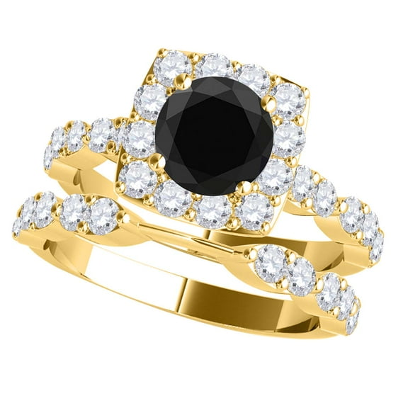 Mauli Jewels Engagement Rings for Women 2 Carat Bridal Set Black And White Diamond Halo Engagement Ring 4 prong 14K Yellow Gold