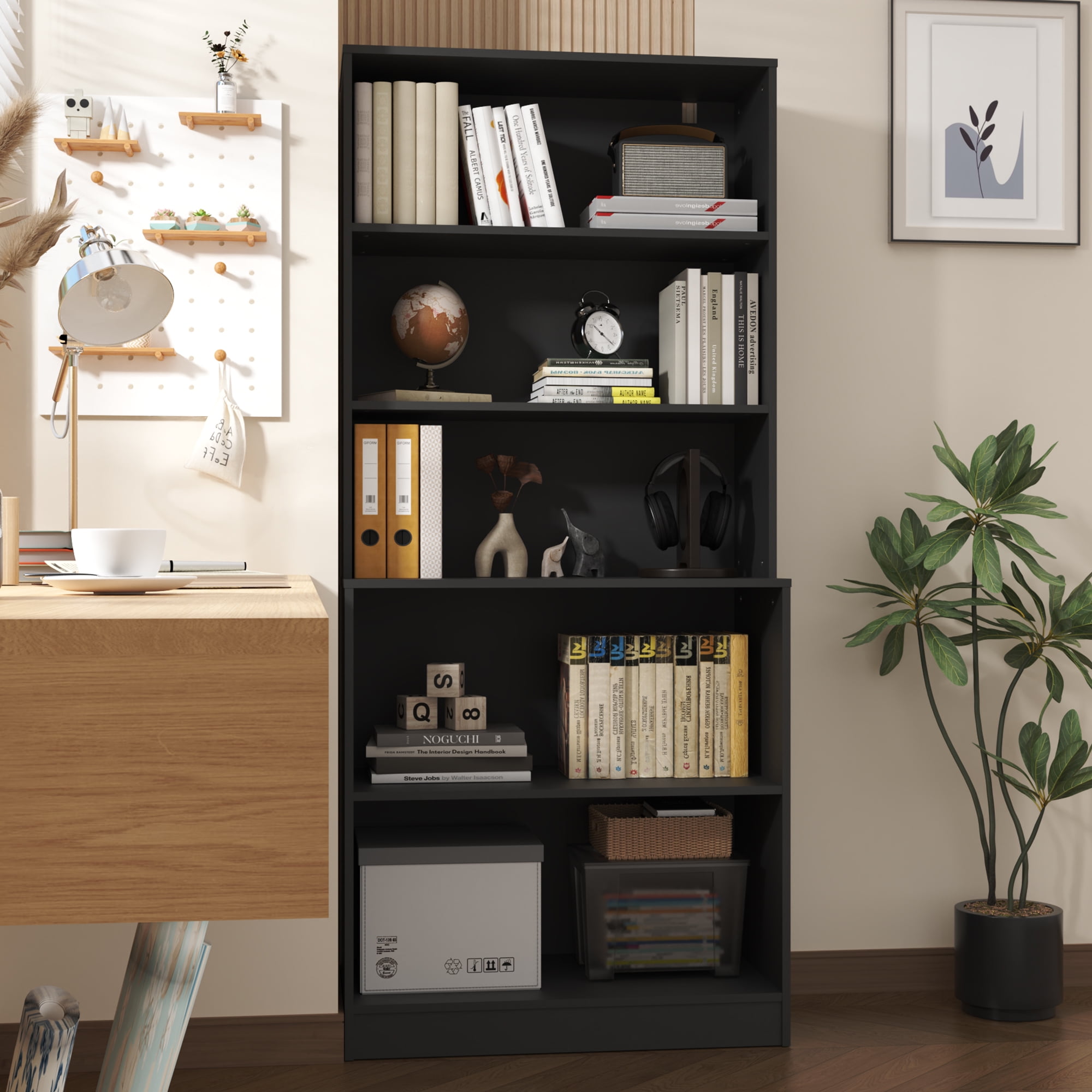 DIYART Black 71" Tall Bookcase, 5 Tier Large Bookshelf, Standing Wood Display Book Shelf for Living Room, Office, Library