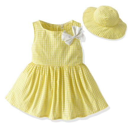 

uublik Toddler Girl Dress Bow Princess Plaid Vest Dress Sun Hat Two Piece Set Sizes 12M-6