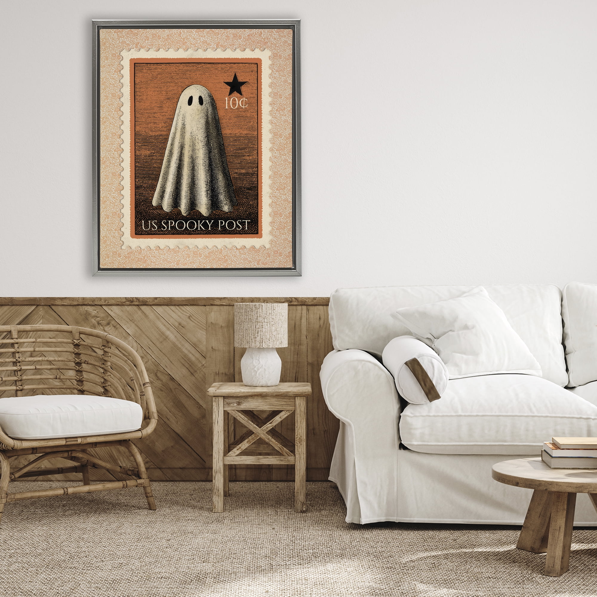 Vintage Ghost Stamp Gray Framed Floater Canvas Wall Art, design by Arlington Prints