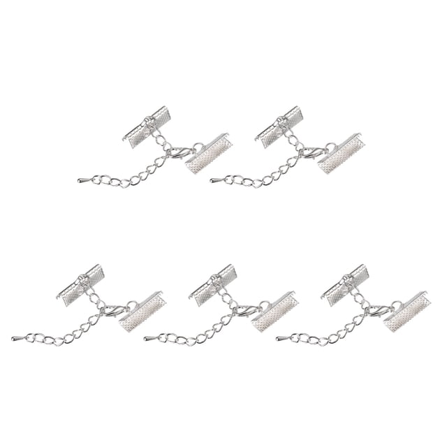 Unique Bargains 10Set Ribbon Crimp Clamp Ends Lobster Claw Clasps & Chain 20mm Silver Tone for DIY