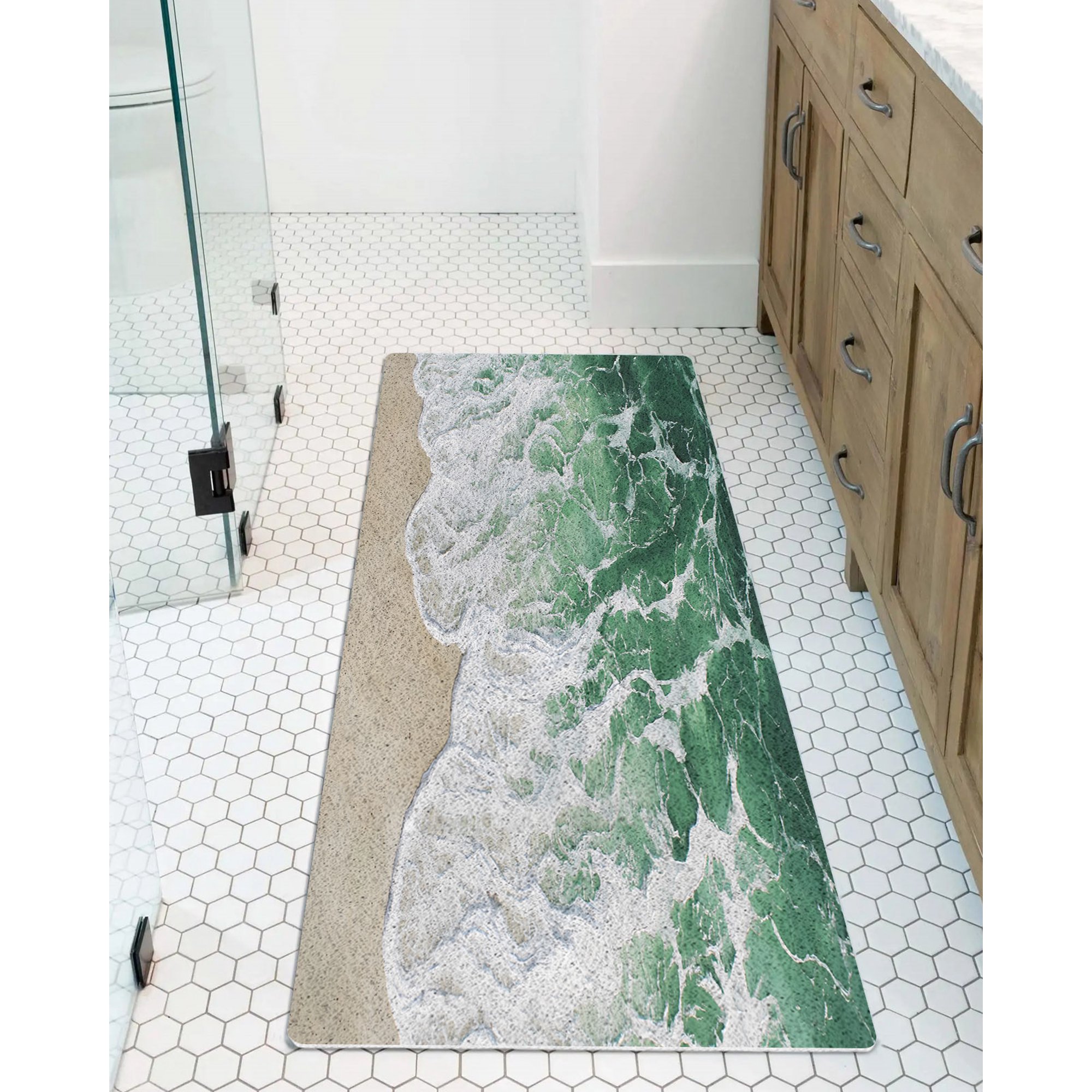 Sage Green Non-Slip Bathtub Mat, Ocean Wave Coastal Beach Seaside Scenery Abstract PVC Bath Mat for Tub Quick Drying Shower Mats for Inside Shower, Foot Scrubber Loofah Bathroom Mats 47x16 Inches