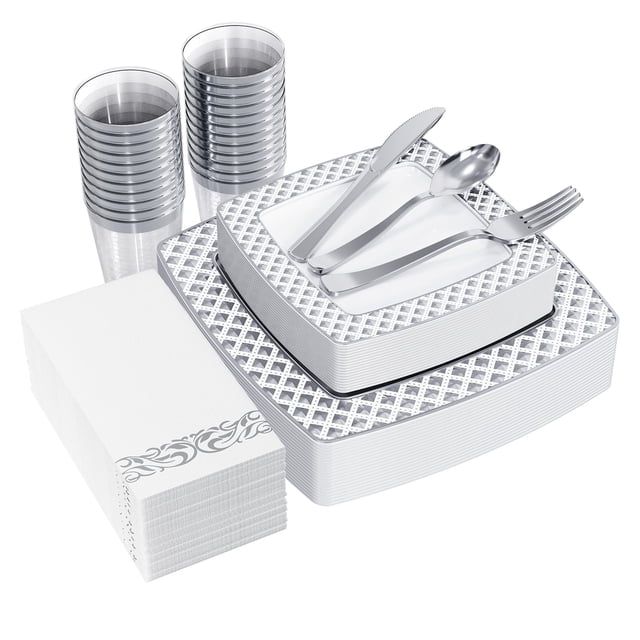 FOCUSLINE 175 Piece Silver Dinnerware Set for 25 Guests- Square Plastic Plates with Diamond- Including Disposable 25 Dinner Plates, 25 Dessert Plates, 25 Napkins, 25 Cups, 25 Silverware Set