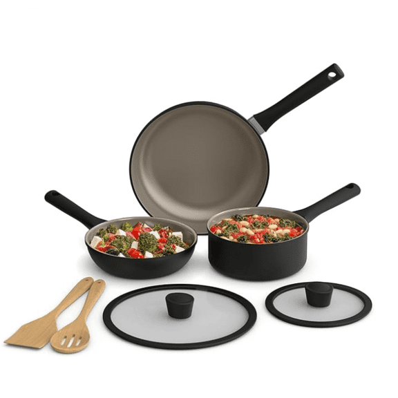 7 Piece Cookware Set with Ceramic Nonstick Coating​, Dishwasher Safe Oven Safe, All Stovetops Compatible, Glass Lids with Silicone Rims, Cool Touch Handles, Black