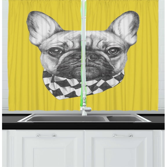 Ambesonne Bulldog Kitchen Curtains, French Breed Retro Style, 55"x45", Pale Earth Yellow Grey