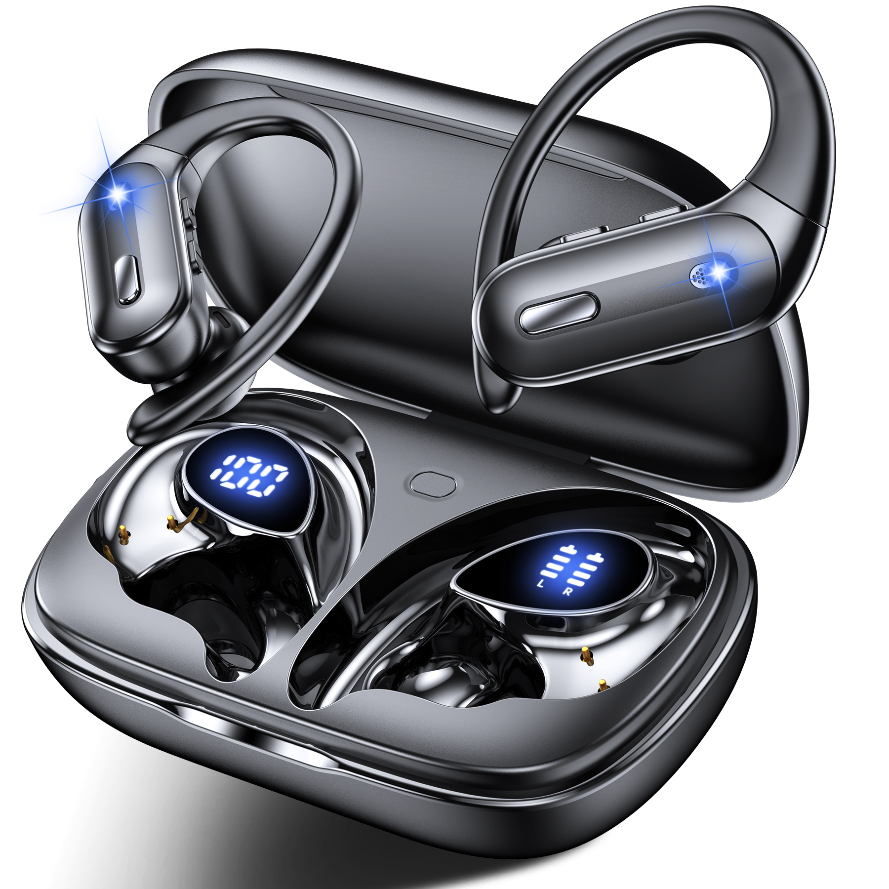 Hybrid Active Noise Cancelling Wireless Ear Buds, 75Hrs Bluetooth 5.3 Headphones IP7 Waterproof for Sport, Running Wireless Earphones with ENC, Deep Bass Over Ear bud with Earhooks for Android, iOS