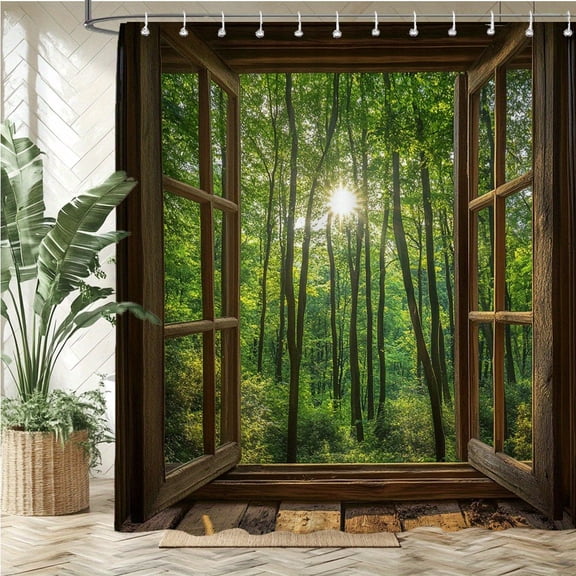 Forest Window View Bathroom Shower Curtain with Hooks, Waterproof Fabric, 70x70 Inch Bath Curtain Decor