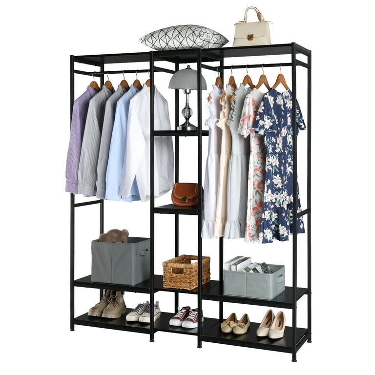 SamyoHome Freestanding Closet Clothing Rack, Metal Closet Organizer System  with 8 Shelves and Hanger Rods, Heavy Duty Clothes Garment Rack with 2