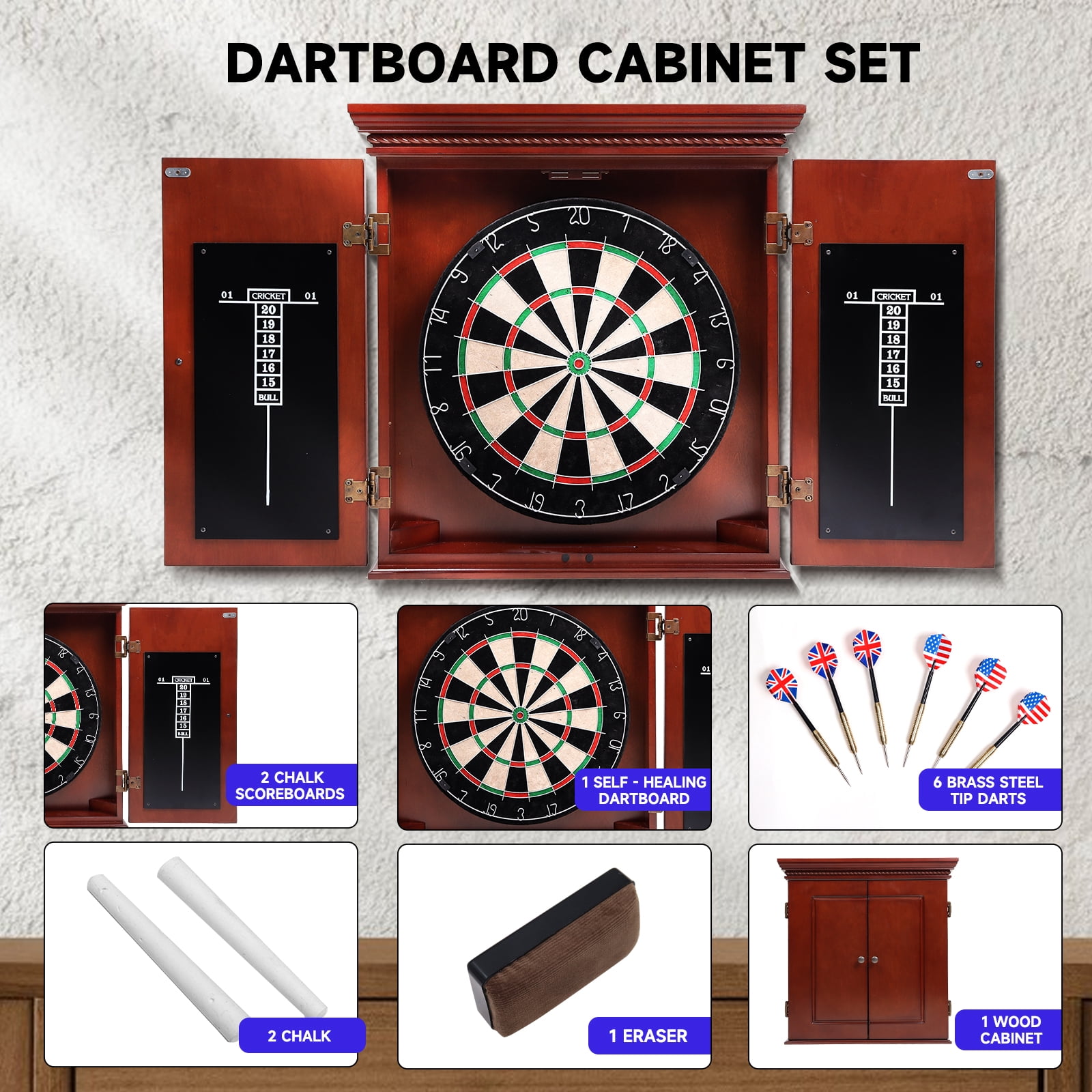 GSE Games & Sports Expert Premium Solid Wood Dartboard Cabinet Set with Bristle Dartboard, Dart Scoreboard and 6 Steel Tip Darts for Target Game Indoor Game (Brown)