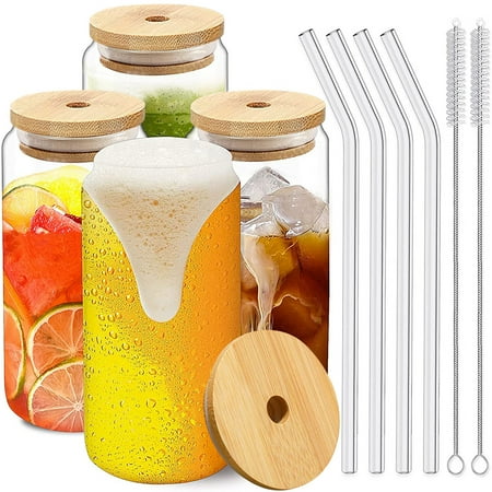 

BUTORY 4Pcs Mason Jar Bottle Glass Tumbler with Bamboo Lids and Glass Straws Cleaning Brushes Reusable for Cold Drink Iced Coffee Juice Cocktail