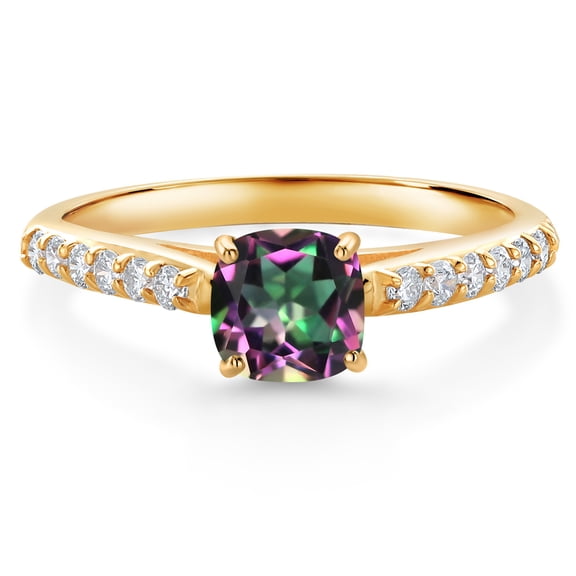 Gem Stone King 1.18 Ct Cushion Green Mystic Topaz G/H Lab Grown Diamond 10K Yellow Gold Engagement Ring (Size 7)