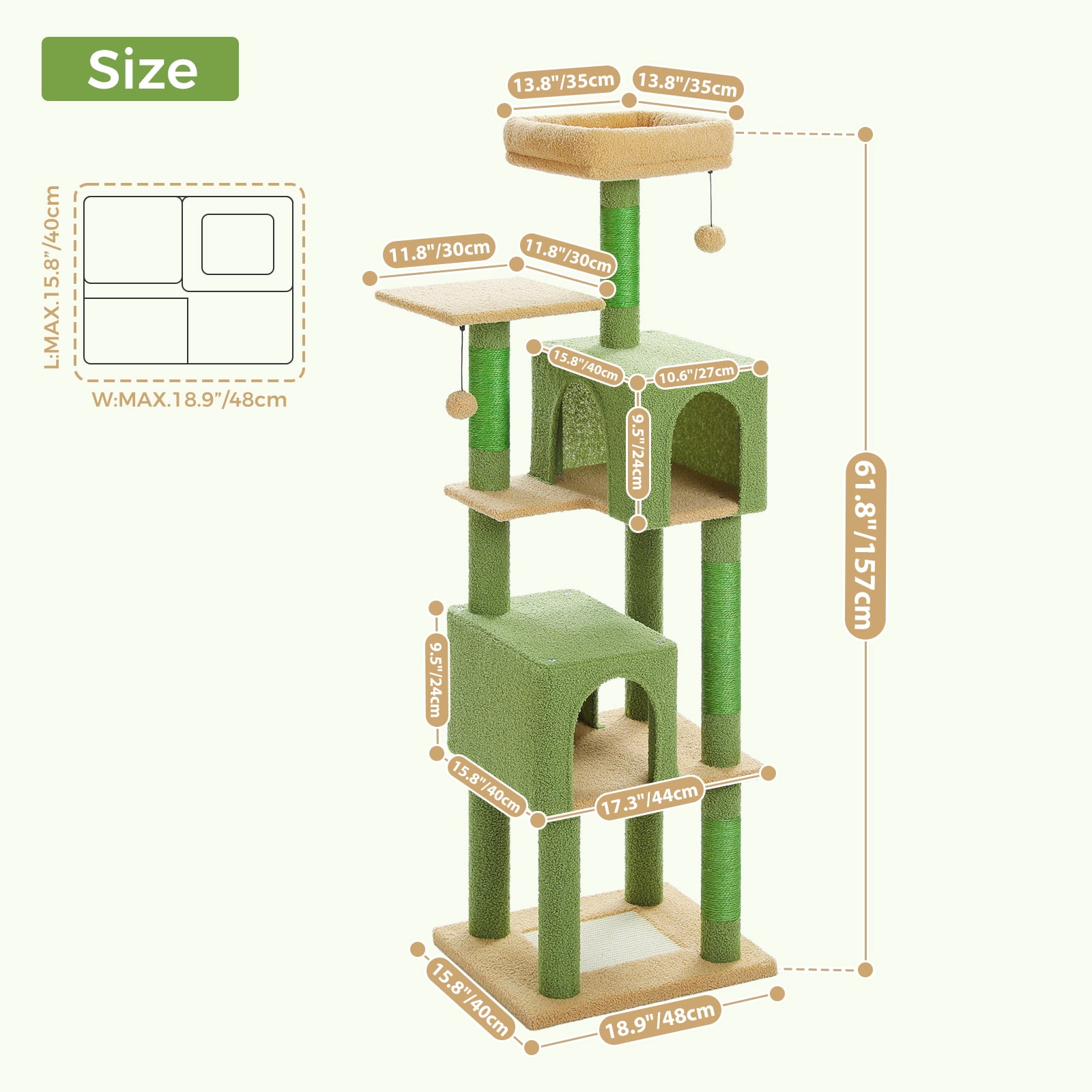 Kadyn 62" Multi-Level Cat Tree for Indoor Cats, Cat Tower with Cozy Cat Condo and Top Perch for Small&Medium Cat, Green