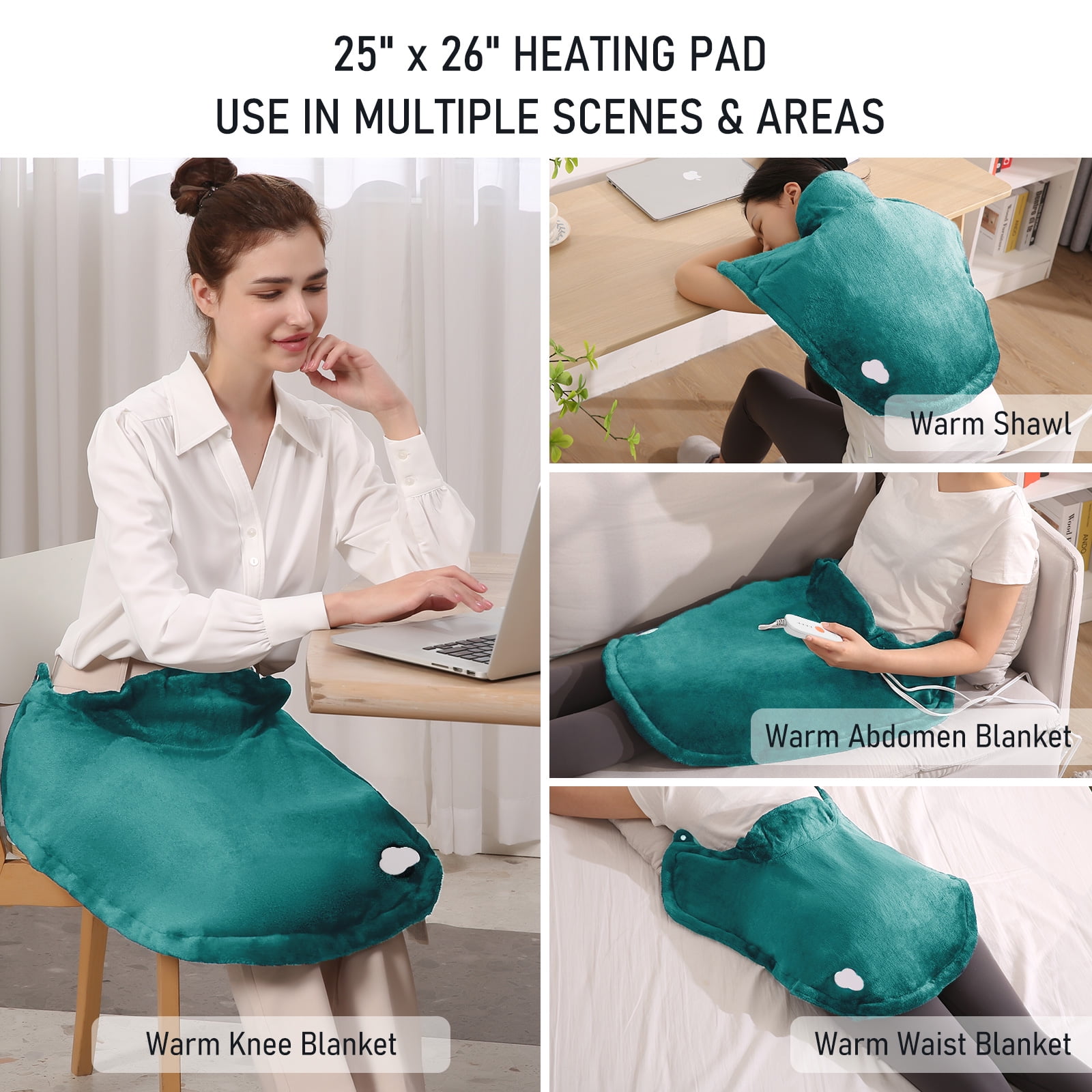 Entil Widen Heating Pad for Shoulder and Back with 4 Heating Levels, 2H Auto-off, 25" x 26", Green