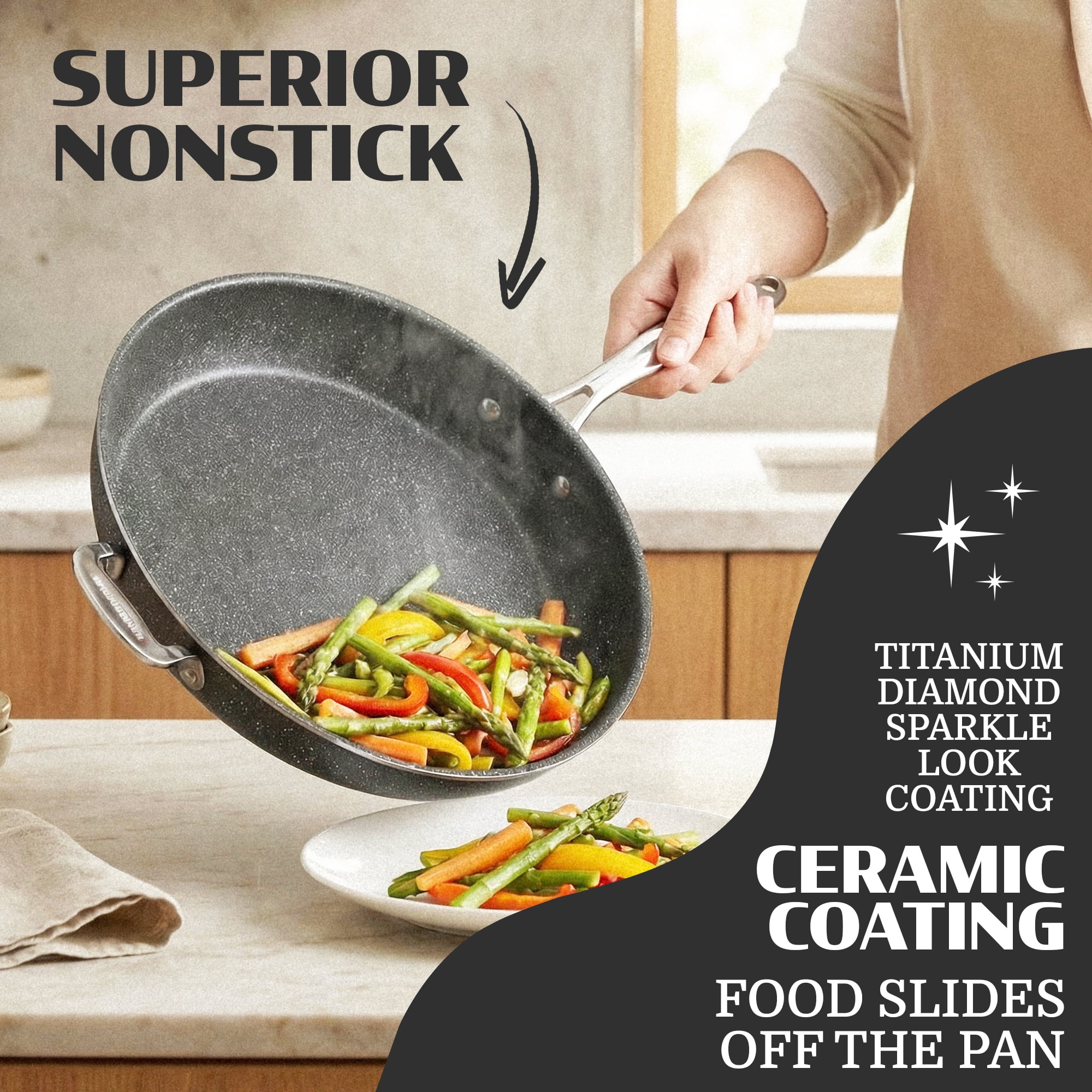 Granitestone 14 Inch Large Frying Pan with Lid, Ceramic Non Stick Frying Pans Skillet, Non Toxic Frying Pans Nonstick for Sauté & Cooking, Oven & Dishwasher Safe