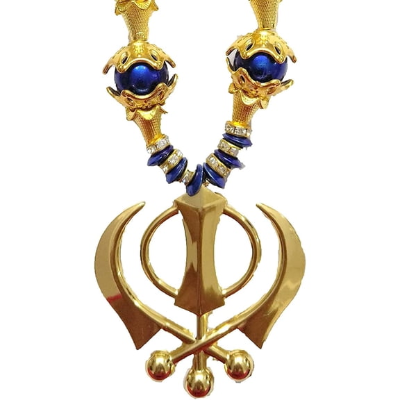 MASSIVE MART Golden Khanda Pearls And Caps Car Hanging (Blue) For Car Hanging