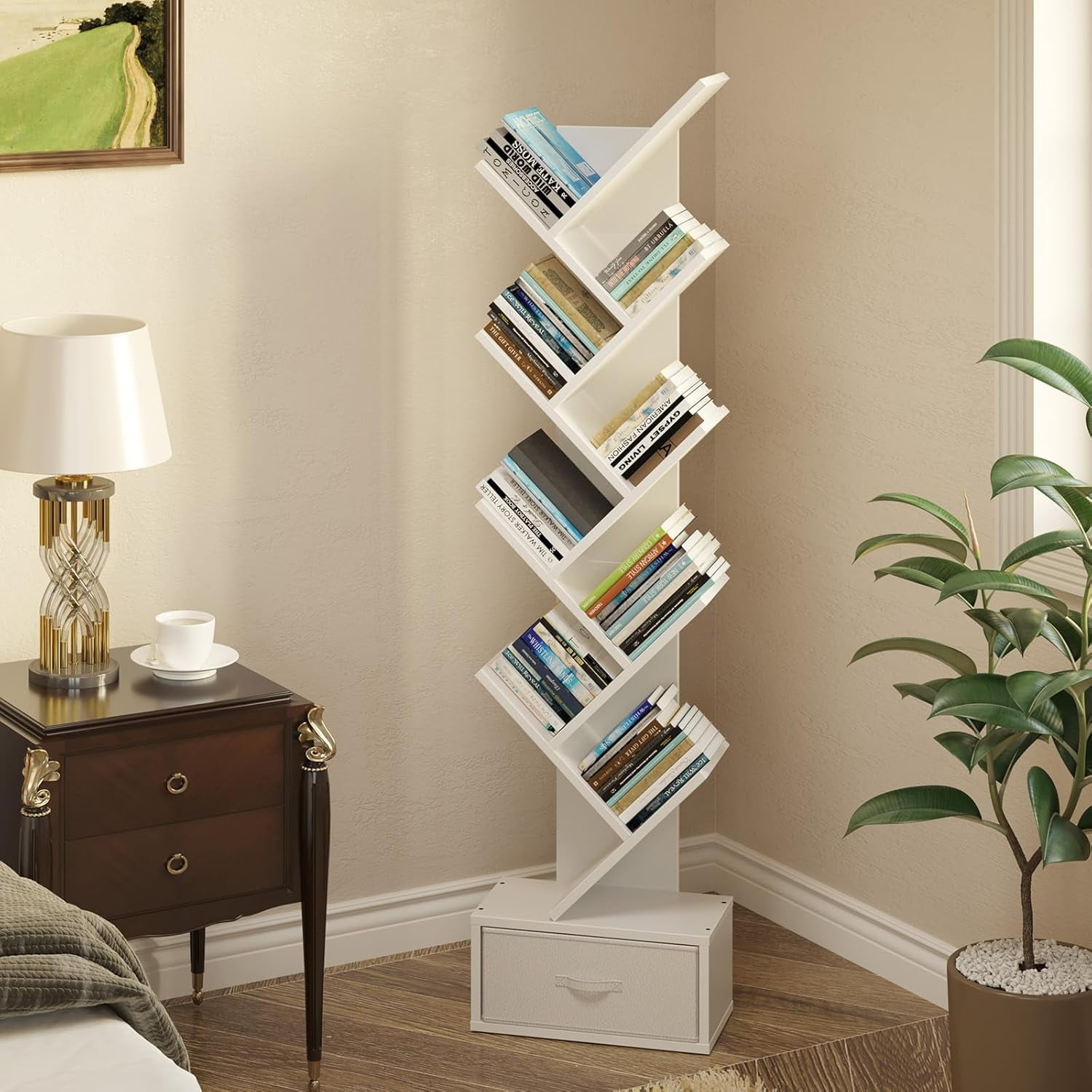 Greenstell 9-Tier Wooden Bookcase with Drawer, Free Standing Tree Bookshelf, White