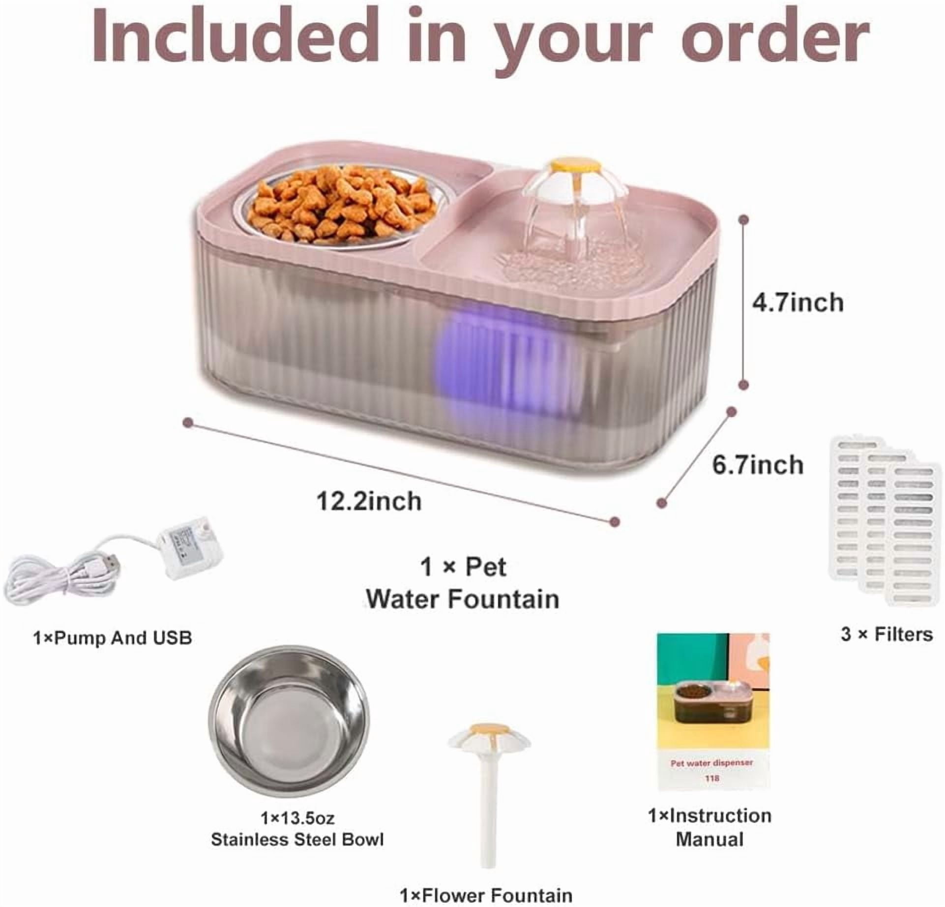 Cat Water Fountain and Stainless Steel Food Bowl, 100oz/3L Super Quiet Automatic Pet Water Dispenser with Smart Pump and 3 Replacement Filters for Cats and Small Dogs, Green