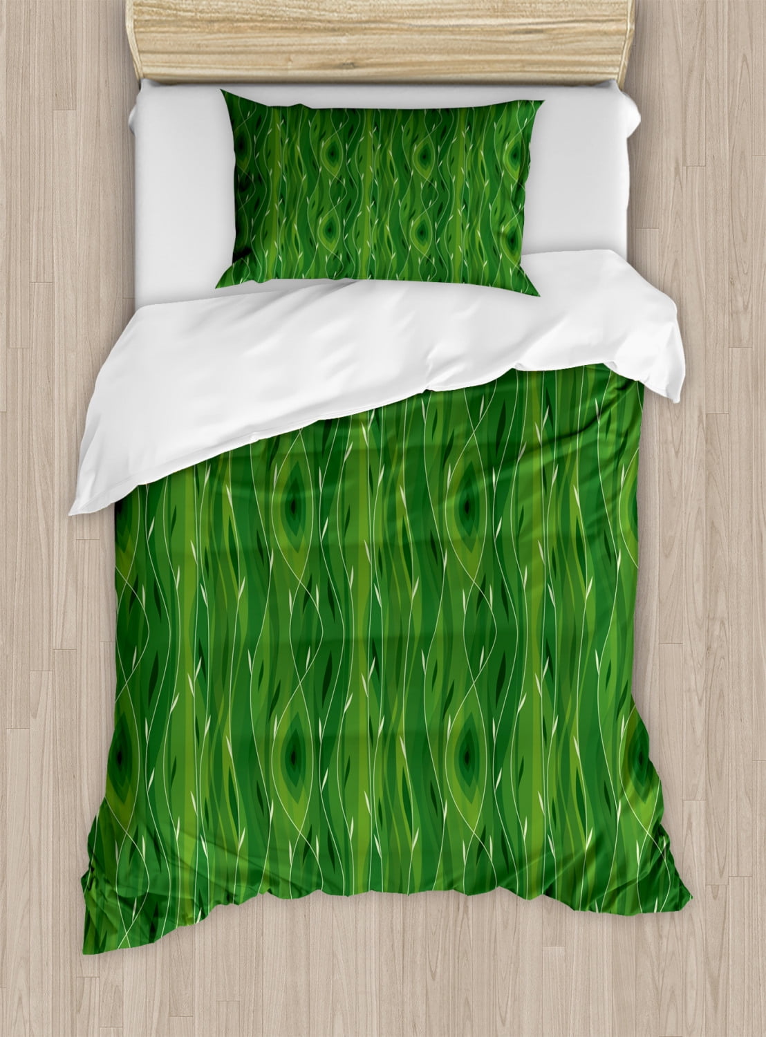 Green Duvet Cover Set, Retro Spring Freshness Themed Abstract Leaf