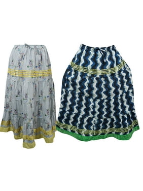 Mogul Women's 2pc Blue Gray Cotton Gypsy Long Maxi Skirts