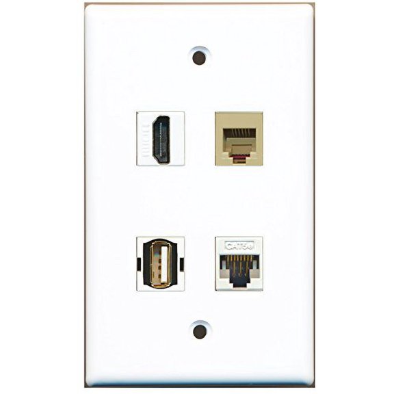 RiteAV - 1 Port HDMI 1 Port USB A-A 1 Port Phone RJ11 RJ12 Beige 1 Port Cat5e Ethernet White Wall Plate