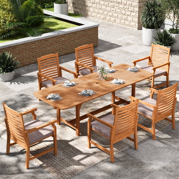 Sophia & William 7 Pieces Patio Dining Set Acacia Wood Outdoor Furniture Set Expandable Table and Natural Wood Chairs with Cushions for Lawn, Garden, Backyard