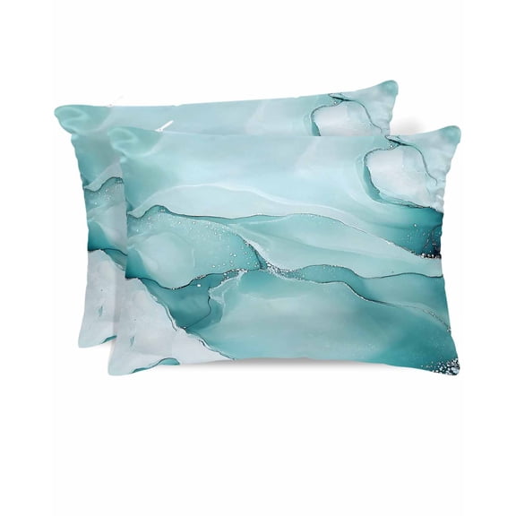 Hokiten Pillow Cases Standard Size Set of 2, Lumbar Pillow Covers, Teal Blue Marble Satin Pillowcases with Zipper for Hair/Skin, Pillow Protector Cover, Marble Crack Lines Modern Art 20x26 Inches