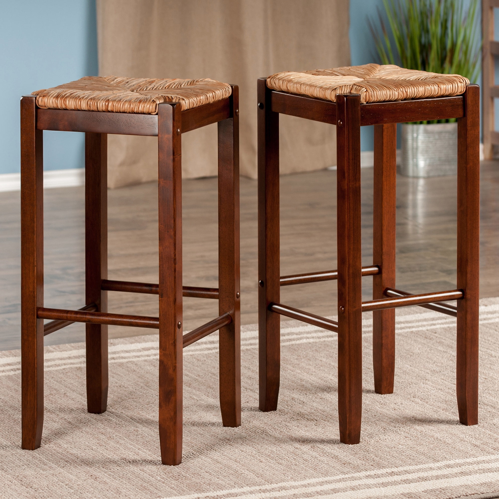 Winsome Wood Kaden Rush Seat Bar Stool Set, 29", Walnut Finish