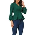 thumbnail image 4 of INSPIRE CHIC Women's Peplum Tops Long Lantern Sleeve Elegant Wrap V Neck Office Blouse S Dark Green, 4 of 6