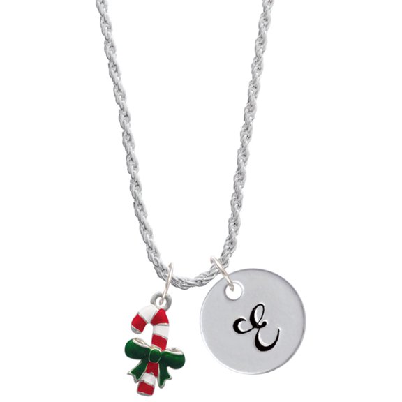 Delight Jewelry Silvertone Candy Cane with Green Bow Silvertone Script Initial Disc - E - Charm Necklace, 20"+3"
