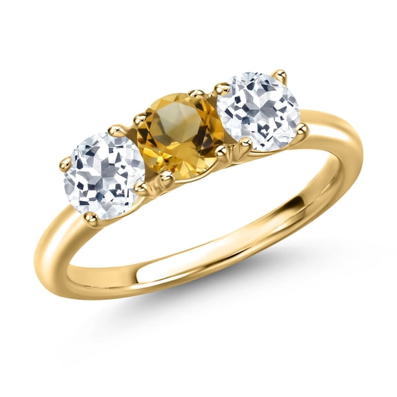 Gem Stone King 18K Yellow Gold Plated Silver Yellow Citrine and White Topaz Engagement Ring for Women | 1.65 Cttw | Round 5MM | Gemstone November Birthstone | Size 5