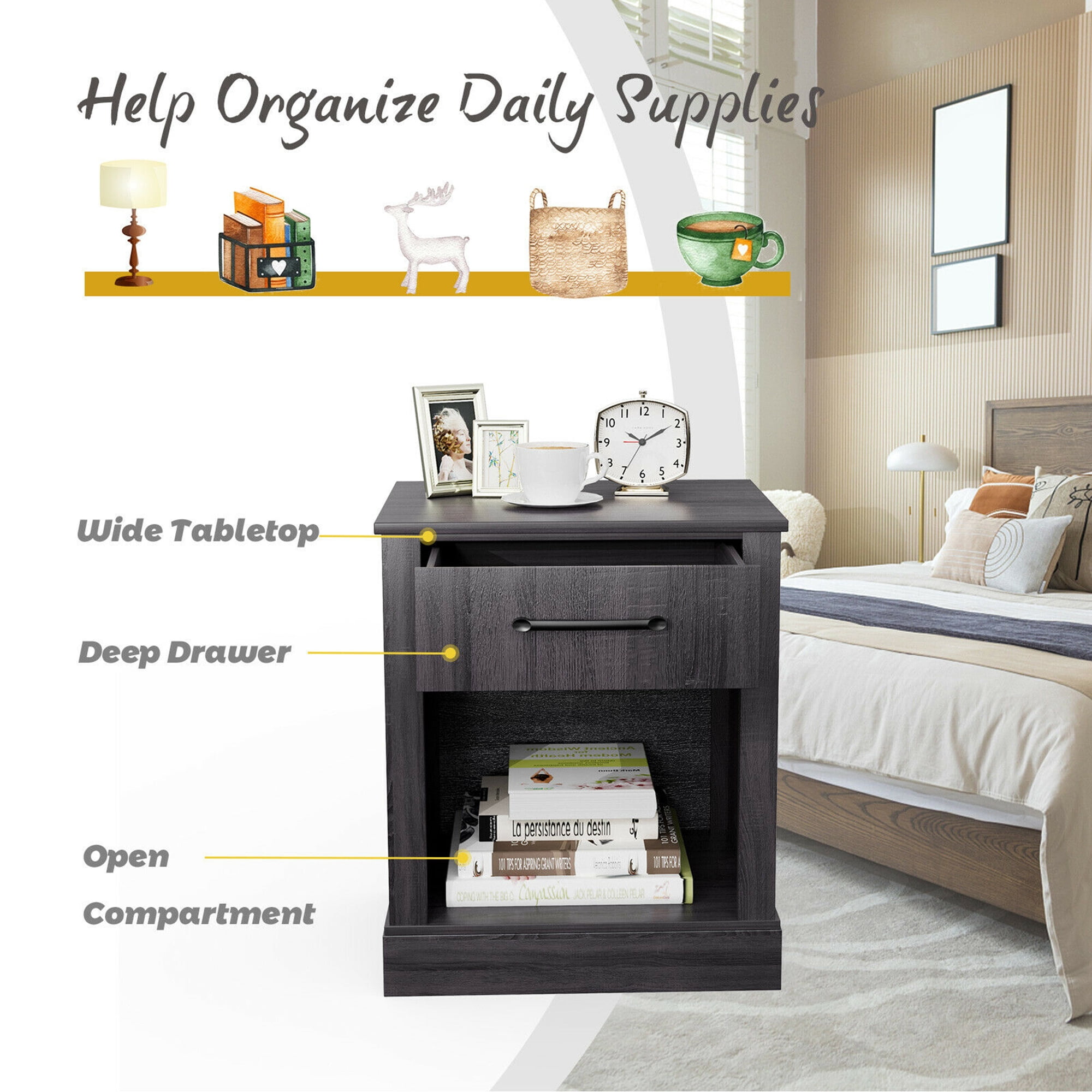 Gymax Nightstand with Drawer and Shelf Rustic Wooden Bedside Table Bedroom Black