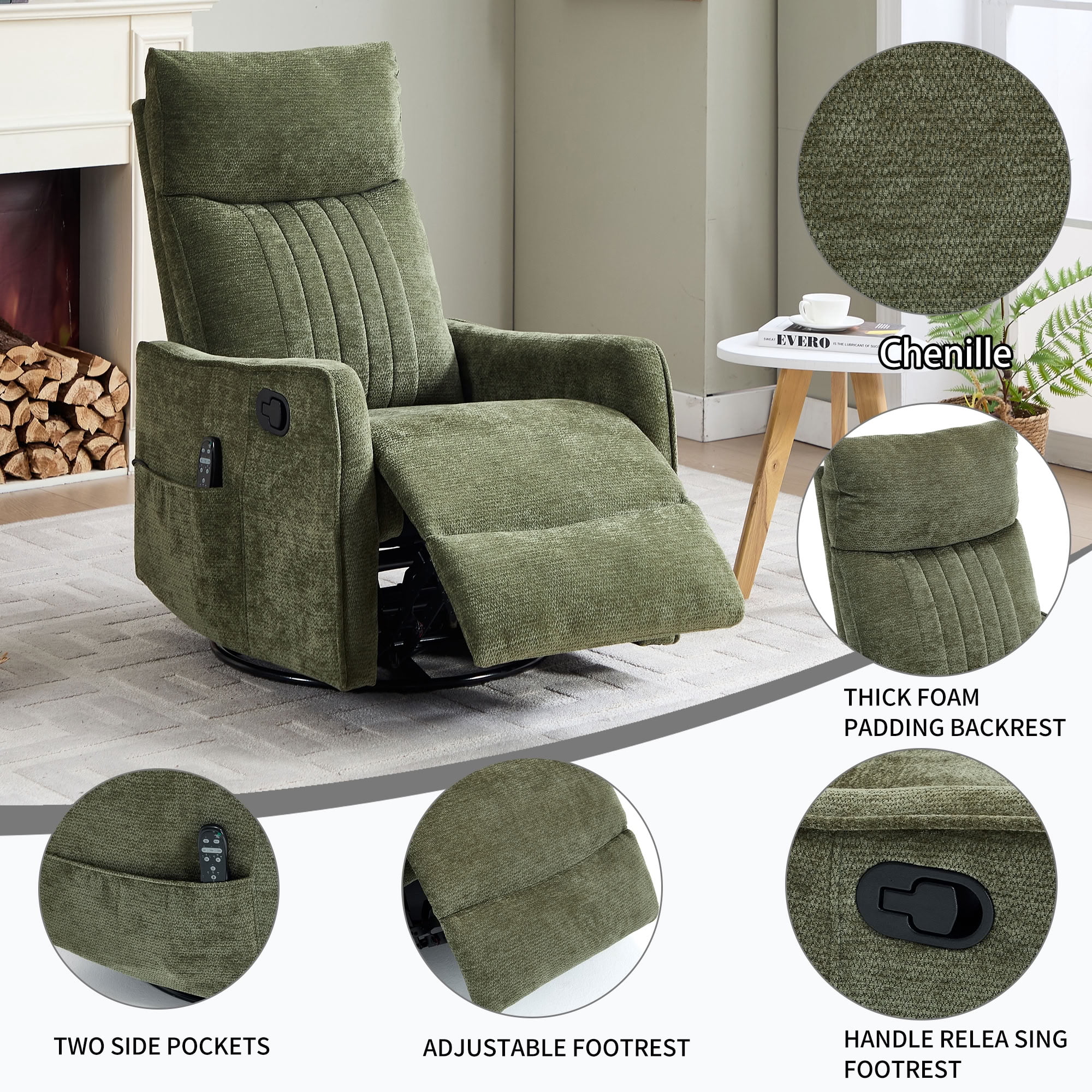 MAYEERTY Chenille Swivel Rocker Recliner Chair, Manual 155° Recline Glider Chair with 8-Point Vibration Massage & Lumbar Heat, for Living Room Nursery Home Office