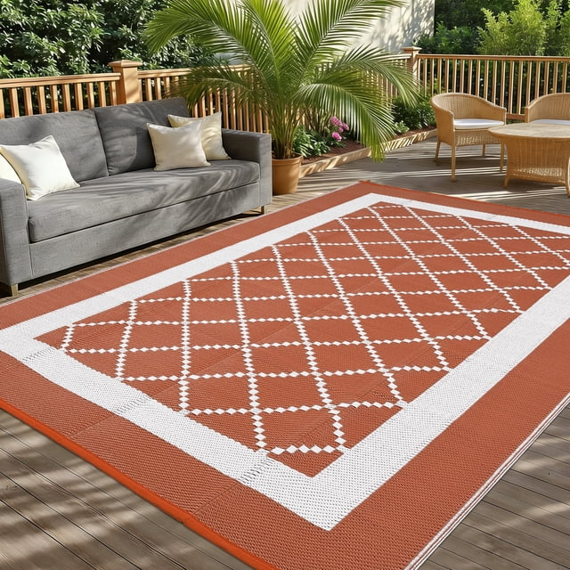 Outdoor Area Rug – Modern Washable & Waterproof – Non-Slip, UV & Weather Resistant – Easy Clean Decorative Grid Mat – Garden, Deck, Beach & Picnic– Terracotta Orange/White, 9x18ft, United States
