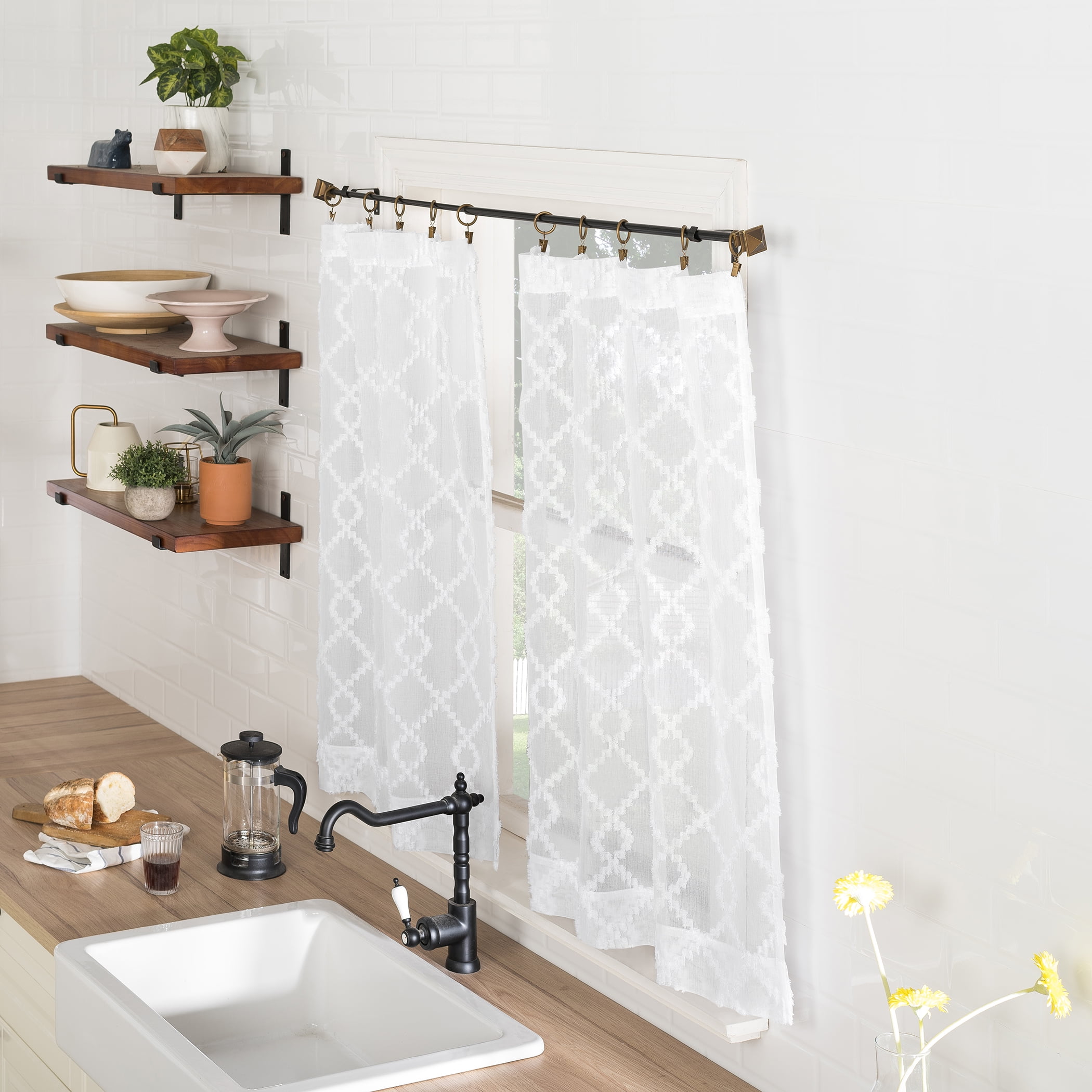 No. 918 Tina Geometric Clipped Semi-Sheer Rod Pocket Kitchen Curtains, 54"x36"
