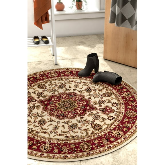 Noble Medallion Ivory Beige Oriental Formal Traditional 3'11" Round Rug