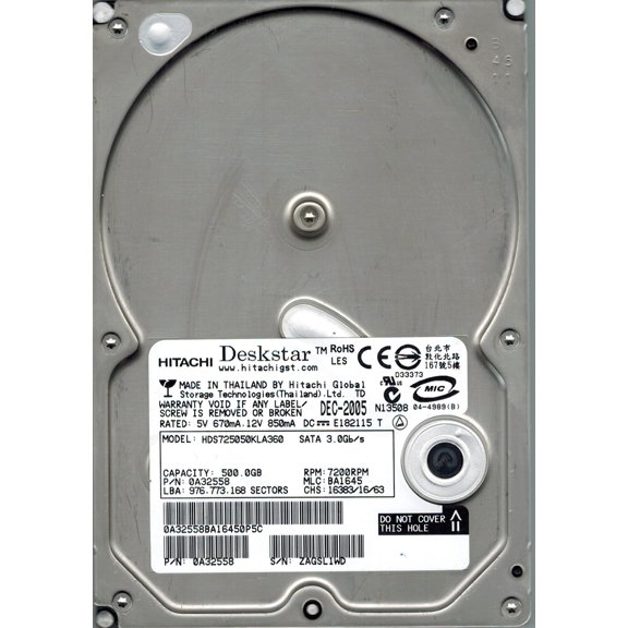 Hitachi HDS725050KLA360 P/N: 0A32558 MLC: BA1645 500GB