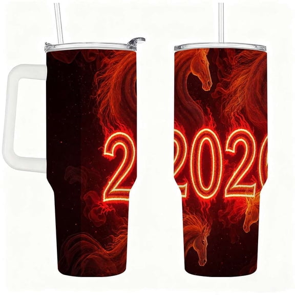 2026 Fire Horse Stainless Steel Insulated Tumbler with Handle, Leak-Proof Lid & Straw, Flaming Design Travel Cup