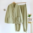 thumbnail image 2 of Women's Fleece Pajama Sets Fall Winter Cozy Warm Solid Button V-Neck Tops and Pants Outfits Fluffy Plush Loungewear with Pockets, 2 of 3