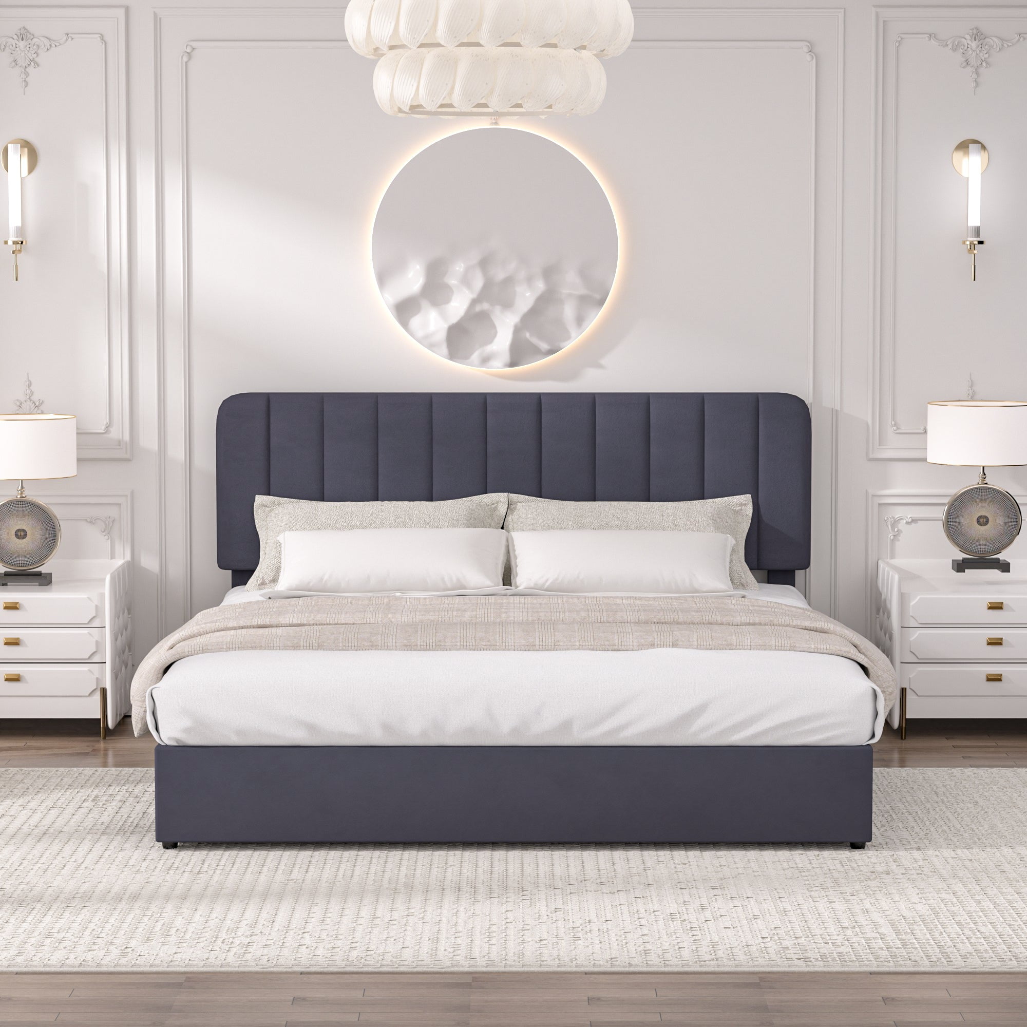 VECELO Upholstered Platform Bed Frame with 4 Storage Drawers, King Size Bed Frame with Adjustable Headboard, No Box Spring Needed, Black